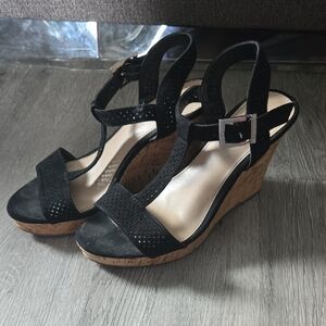 Charles by Charles David Cork Wedge Black Platform Sandals, Size 6.5